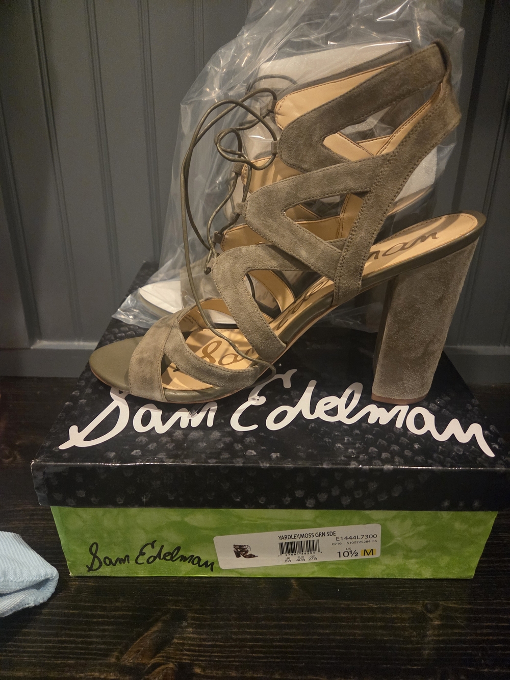 Sam Edelman Moss Green Suede Lace-Up Block Heel Sandal